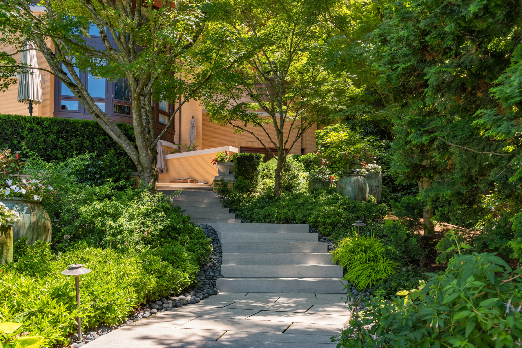 Limestone steps and gardens at the residence approach